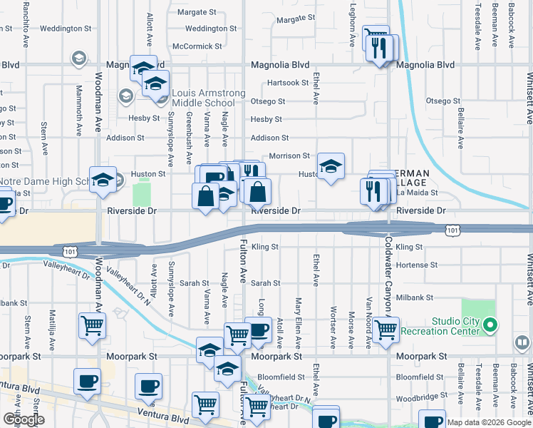 map of restaurants, bars, coffee shops, grocery stores, and more near 13205 Riverside Drive in Los Angeles
