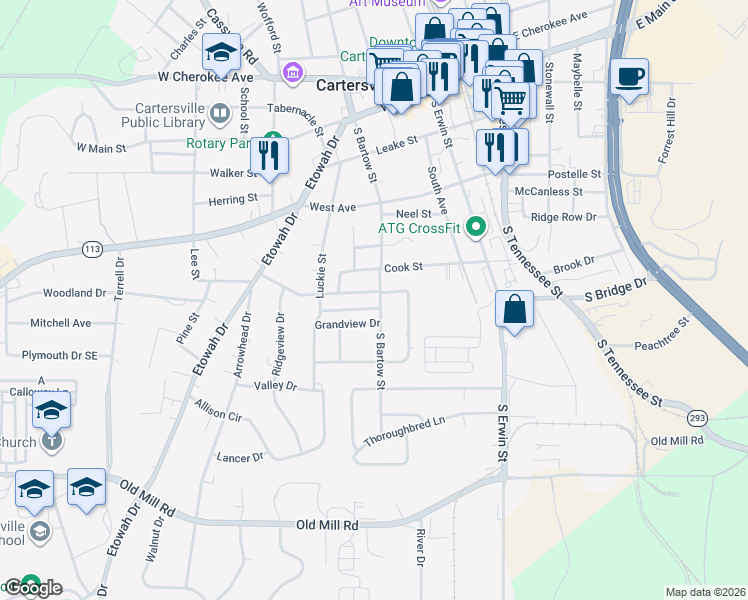 map of restaurants, bars, coffee shops, grocery stores, and more near 6 Boatner Ave in Cartersville