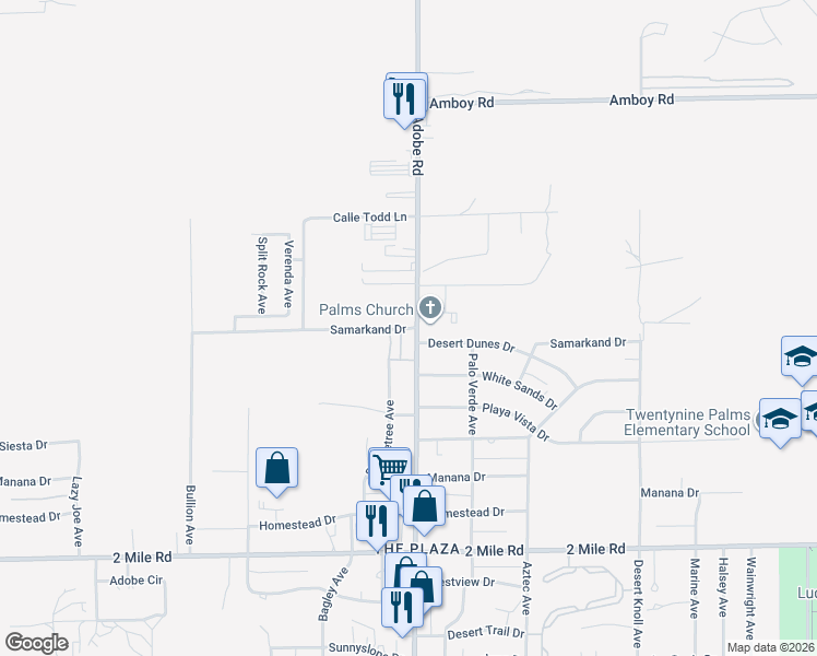 map of restaurants, bars, coffee shops, grocery stores, and more near 2 Samarkand Drive in Twentynine Palms