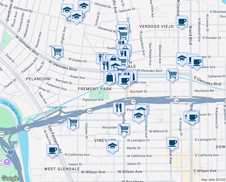 map of restaurants, bars, coffee shops, grocery stores, and more near 531 Burchett Street in Glendale