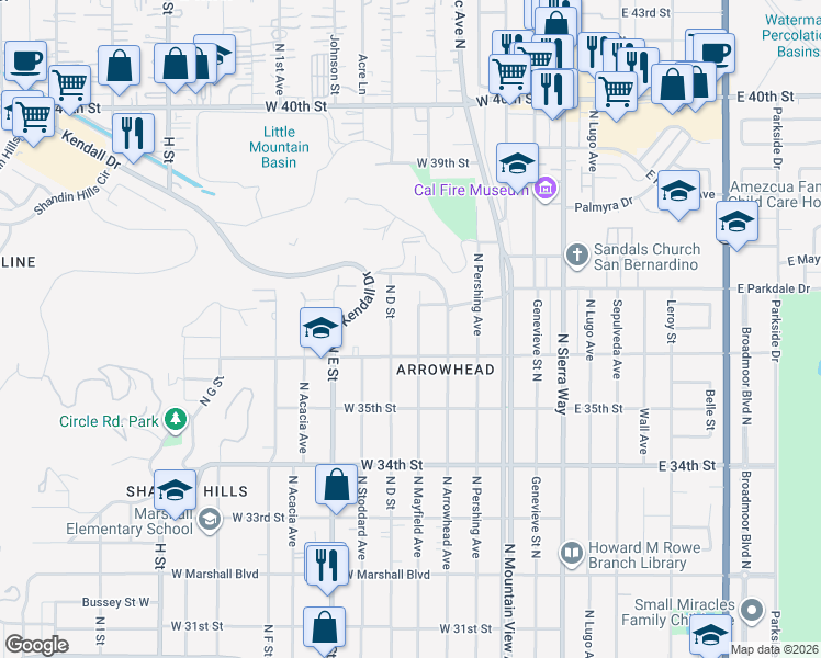 map of restaurants, bars, coffee shops, grocery stores, and more near 3664 North Mayfield Avenue in San Bernardino