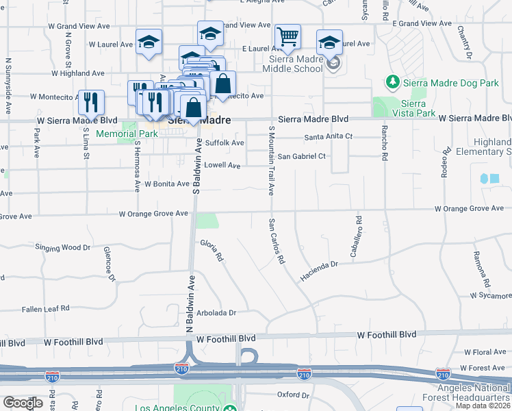 map of restaurants, bars, coffee shops, grocery stores, and more near 225 South Mountain Trail Avenue in Sierra Madre