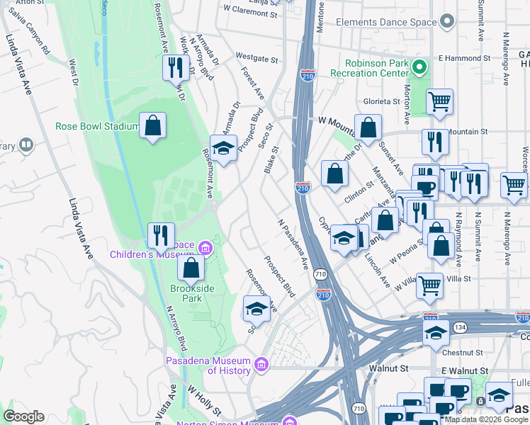 map of restaurants, bars, coffee shops, grocery stores, and more near 825 North Pasadena Avenue in Pasadena