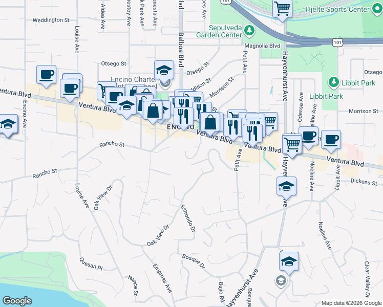 map of restaurants, bars, coffee shops, grocery stores, and more near 4785 Park Encino Lane in Los Angeles