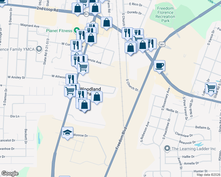 map of restaurants, bars, coffee shops, grocery stores, and more near 306 East Carolyn Avenue in Florence