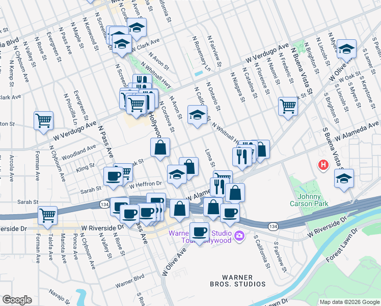map of restaurants, bars, coffee shops, grocery stores, and more near 331 North Avon Street in Burbank