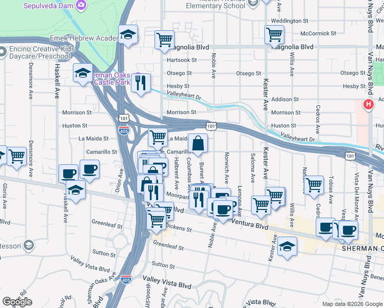 map of restaurants, bars, coffee shops, grocery stores, and more near 4760 Columbus Avenue in Los Angeles