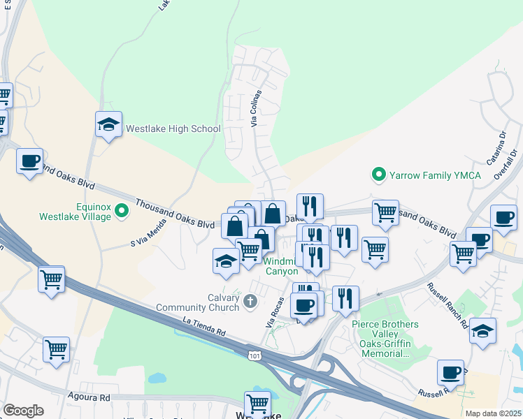 map of restaurants, bars, coffee shops, grocery stores, and more near 37 Via Colinas in Westlake Village