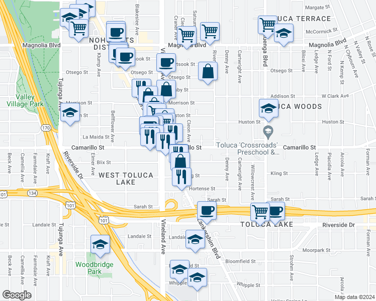map of restaurants, bars, coffee shops, grocery stores, and more near 10868 Camarillo Street in Los Angeles