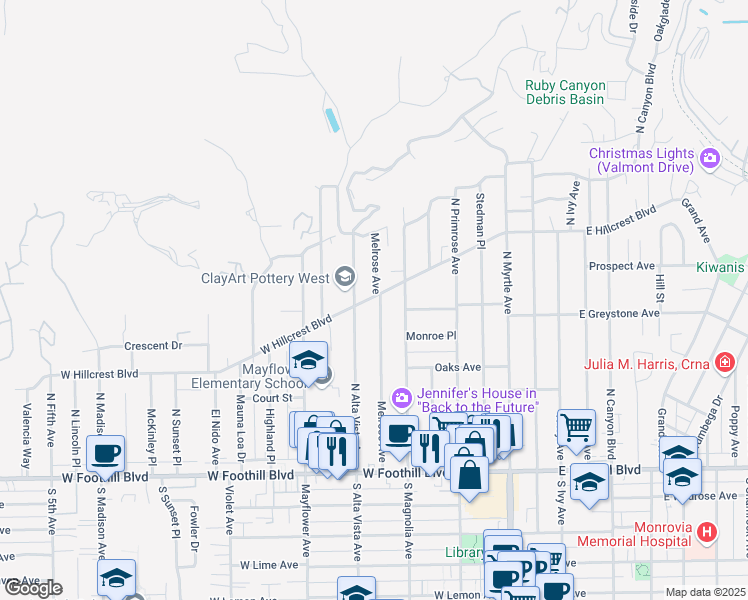 map of restaurants, bars, coffee shops, grocery stores, and more near in Monrovia