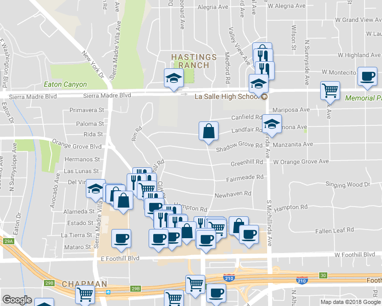 map of restaurants, bars, coffee shops, grocery stores, and more near 3650 Shadow Grove Road in Pasadena
