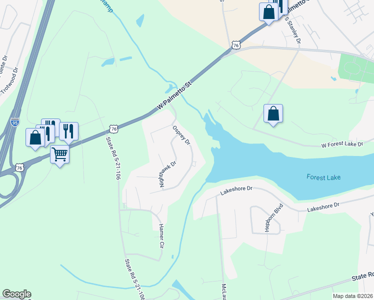 map of restaurants, bars, coffee shops, grocery stores, and more near 1813 Osprey Drive in Florence