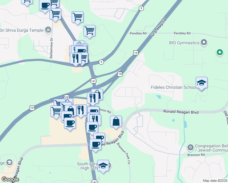 map of restaurants, bars, coffee shops, grocery stores, and more near 846 Access Road in Cumming