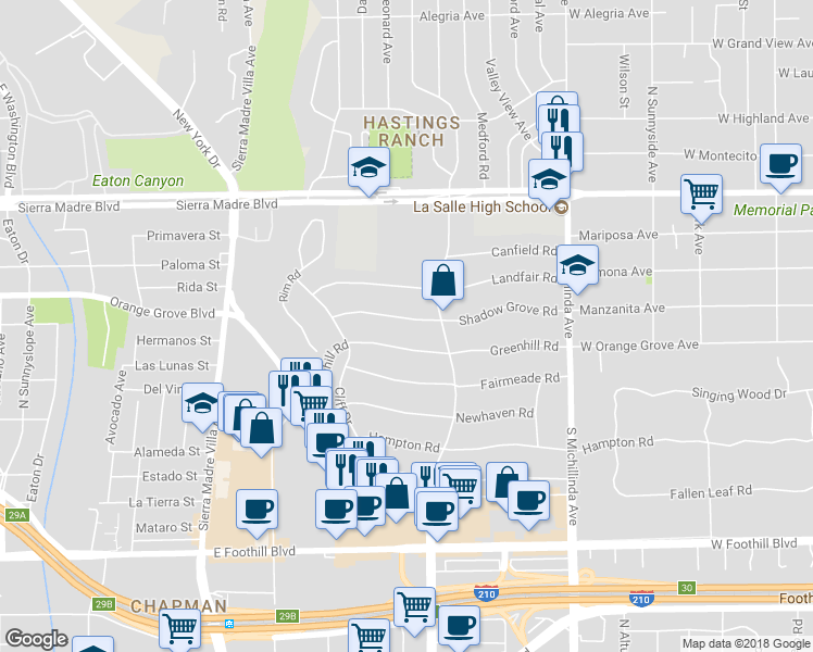 map of restaurants, bars, coffee shops, grocery stores, and more near 3650 Shadow Grove Road in Pasadena