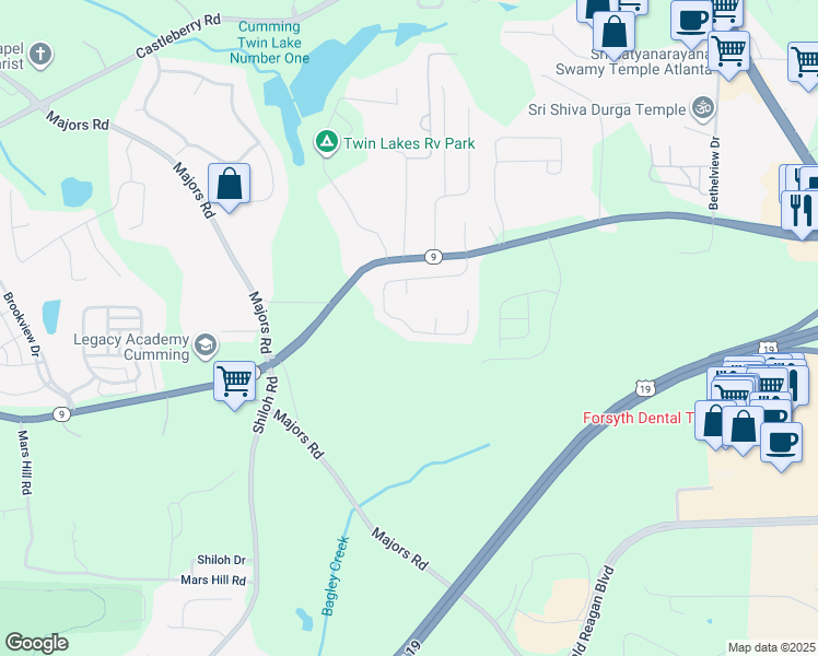 map of restaurants, bars, coffee shops, grocery stores, and more near 3124 Cross Creek Drive in Cumming