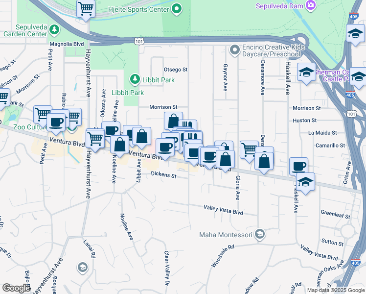 map of restaurants, bars, coffee shops, grocery stores, and more near 4807 Woodley Avenue in Los Angeles