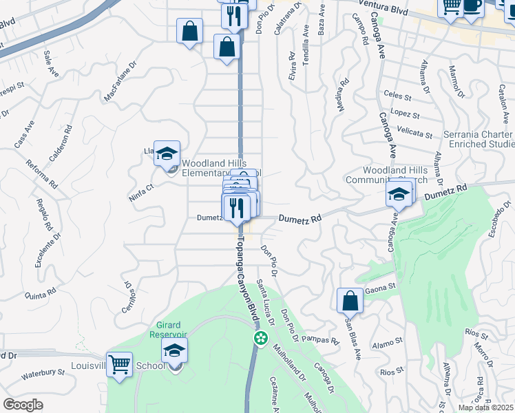 map of restaurants, bars, coffee shops, grocery stores, and more near 21908 Providencia Street in Los Angeles