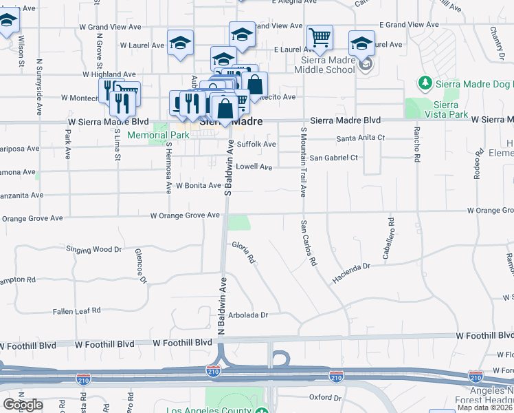 map of restaurants, bars, coffee shops, grocery stores, and more near 69 East Orange Grove Avenue in Sierra Madre