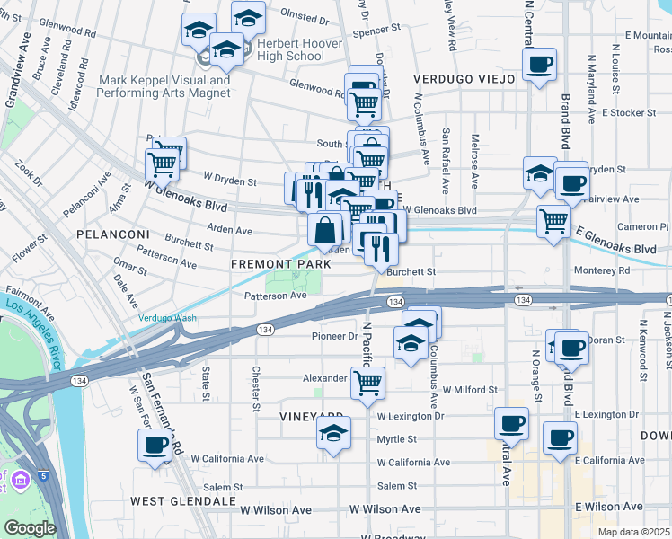 map of restaurants, bars, coffee shops, grocery stores, and more near 531 Burchett Street in Glendale