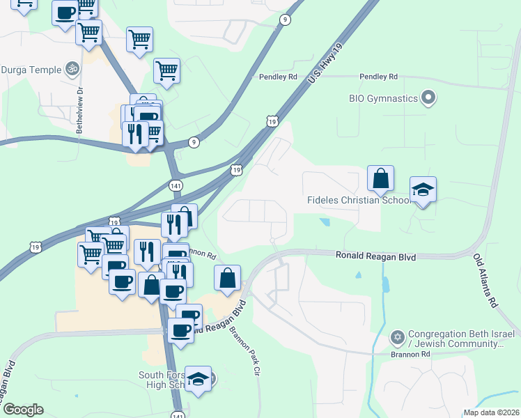 map of restaurants, bars, coffee shops, grocery stores, and more near 3220 Steinbeck Street in Cumming