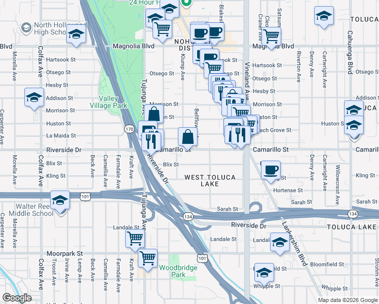 map of restaurants, bars, coffee shops, grocery stores, and more near 4810 Klump Avenue in Los Angeles