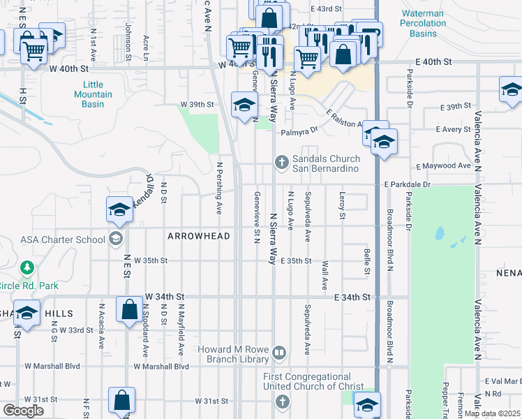 map of restaurants, bars, coffee shops, grocery stores, and more near 3645 Genevieve Street North in San Bernardino