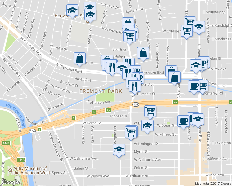 map of restaurants, bars, coffee shops, grocery stores, and more near 804 North Kenilworth Avenue in Glendale