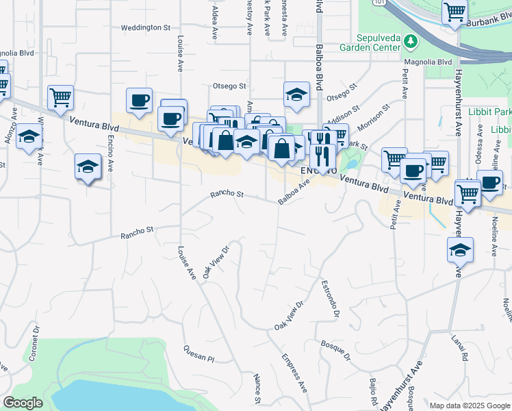 map of restaurants, bars, coffee shops, grocery stores, and more near 17040 Rancho Street in Los Angeles