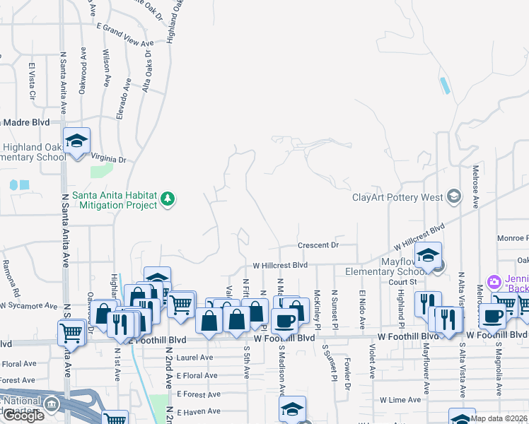 map of restaurants, bars, coffee shops, grocery stores, and more near 330 North Madison Avenue in Monrovia