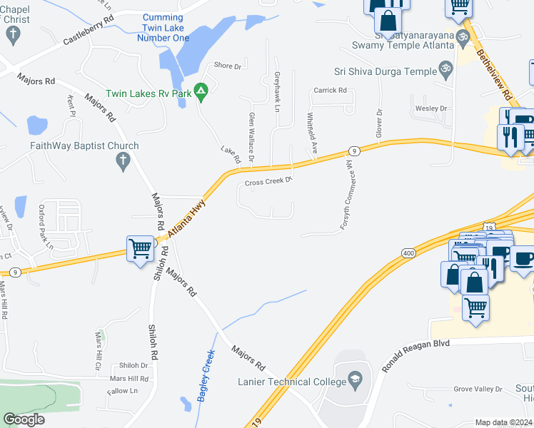 map of restaurants, bars, coffee shops, grocery stores, and more near 3105 Deercrest Court in Cumming