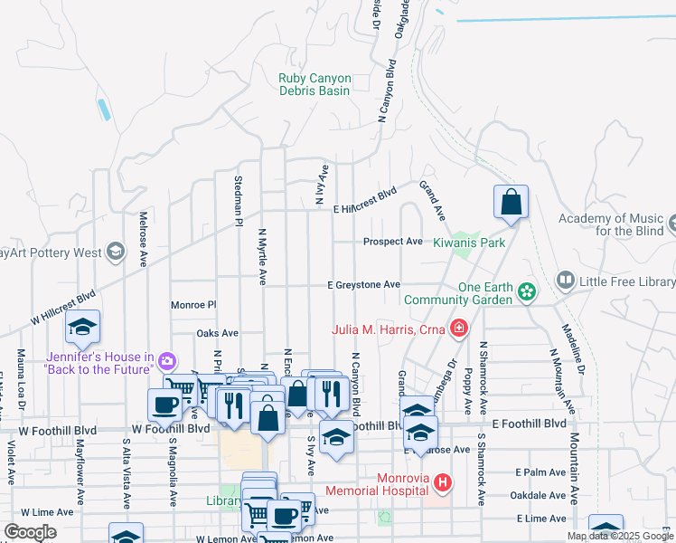 map of restaurants, bars, coffee shops, grocery stores, and more near 314 May Avenue in Monrovia