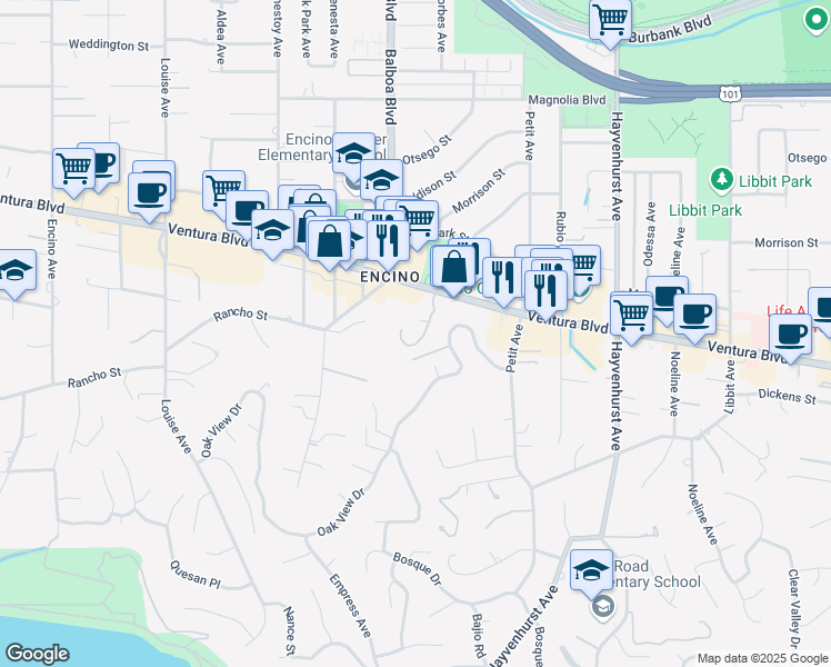 map of restaurants, bars, coffee shops, grocery stores, and more near 4728 Park Encino Lane in Los Angeles