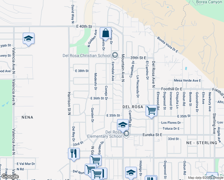 map of restaurants, bars, coffee shops, grocery stores, and more near 3700 Mountain Avenue North in San Bernardino