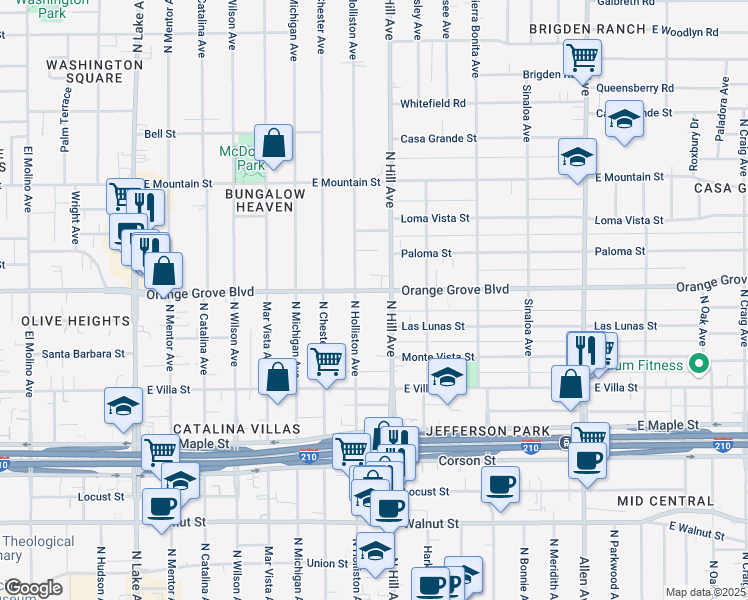 map of restaurants, bars, coffee shops, grocery stores, and more near in Pasadena