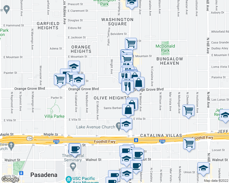 map of restaurants, bars, coffee shops, grocery stores, and more near 795 East Orange Grove Boulevard in Pasadena