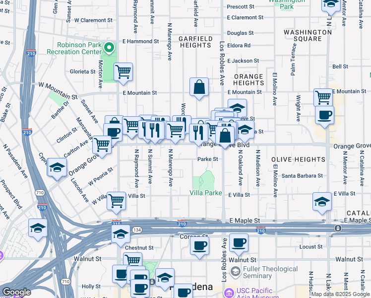 map of restaurants, bars, coffee shops, grocery stores, and more near 289 East Orange Grove Boulevard in Pasadena