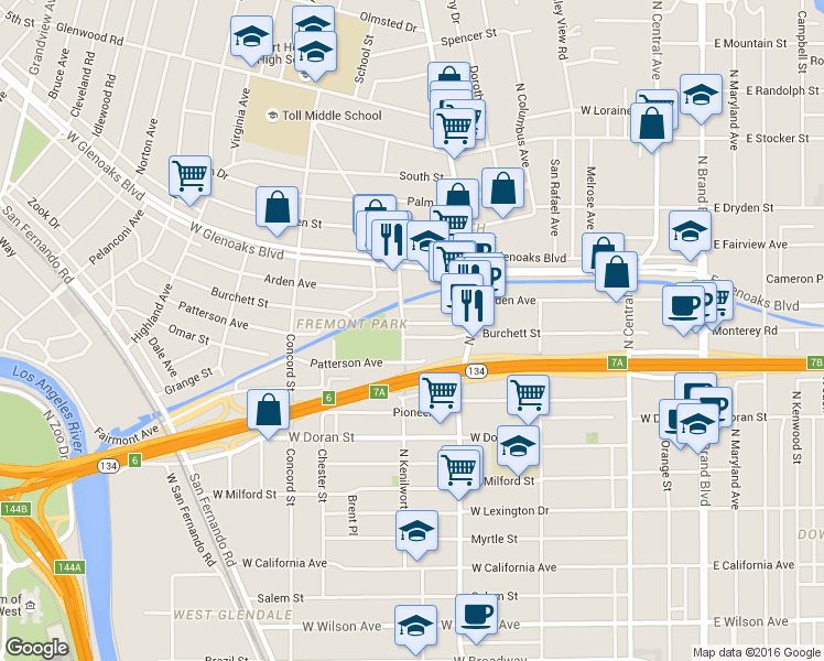 map of restaurants, bars, coffee shops, grocery stores, and more near 540 Arden Avenue in Glendale