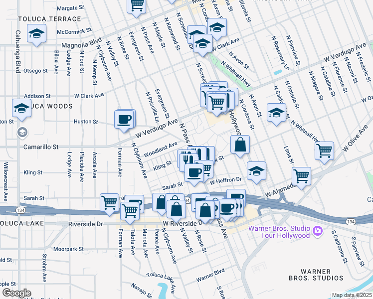 map of restaurants, bars, coffee shops, grocery stores, and more near 444 North Toluca Park Drive in Burbank