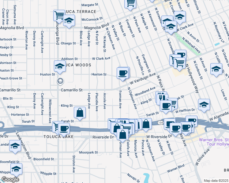map of restaurants, bars, coffee shops, grocery stores, and more near 10201 Camarillo Street in Los Angeles