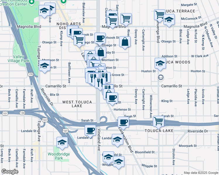 map of restaurants, bars, coffee shops, grocery stores, and more near 4806 Cleon Avenue in Los Angeles