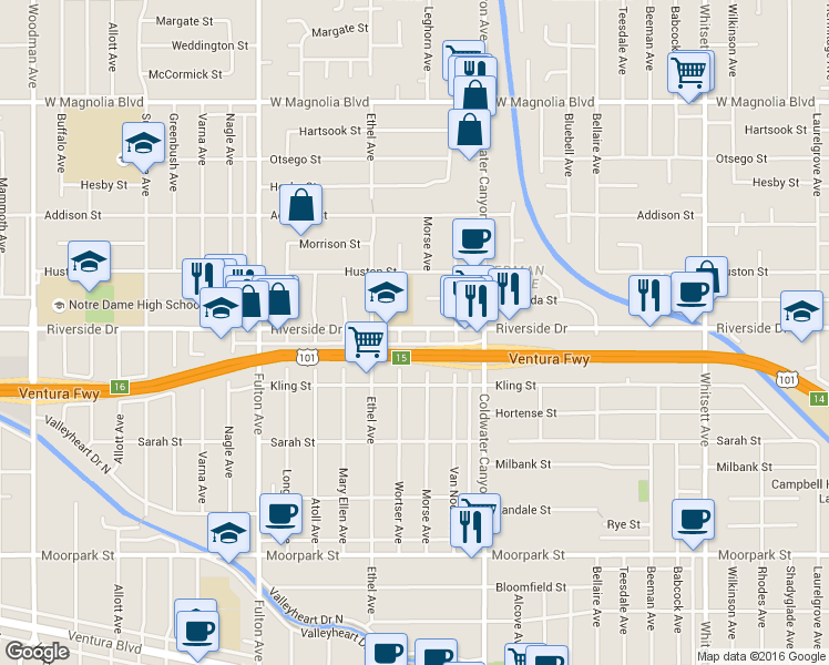 map of restaurants, bars, coffee shops, grocery stores, and more near 12955 Riverside Drive in Los Angeles