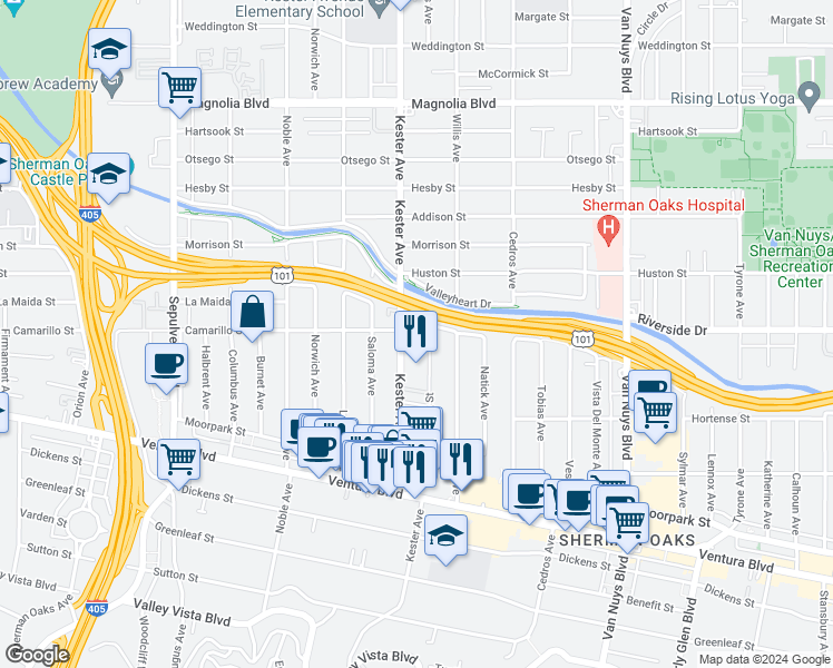 map of restaurants, bars, coffee shops, grocery stores, and more near 4808 Kester Avenue in Los Angeles