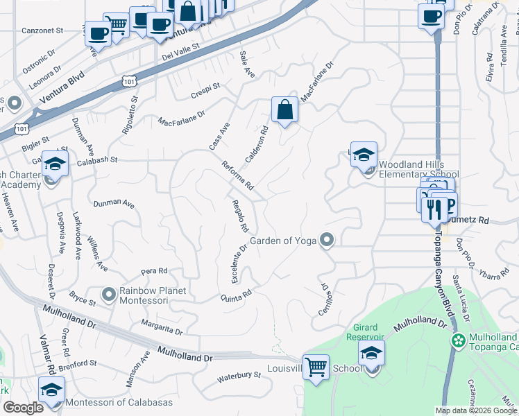 map of restaurants, bars, coffee shops, grocery stores, and more near 22469 Sentar Road in Los Angeles