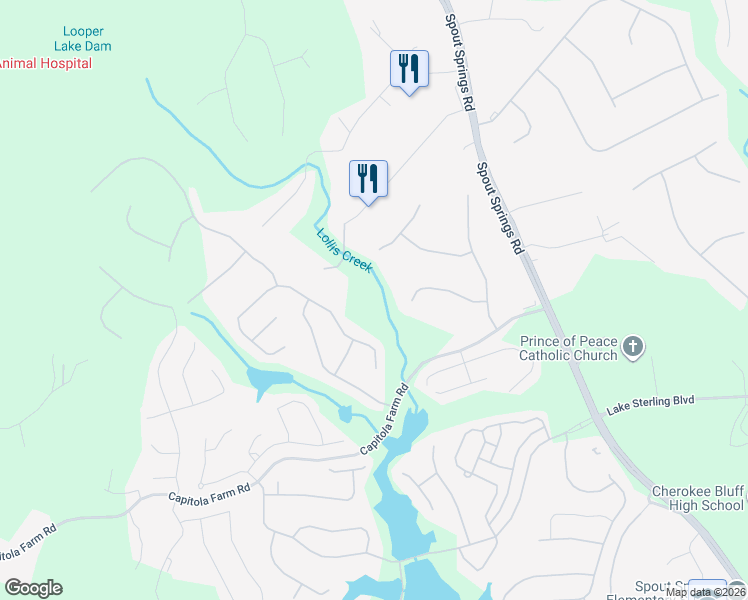 map of restaurants, bars, coffee shops, grocery stores, and more near 6748 Carriage Walk Lane in Flowery Branch