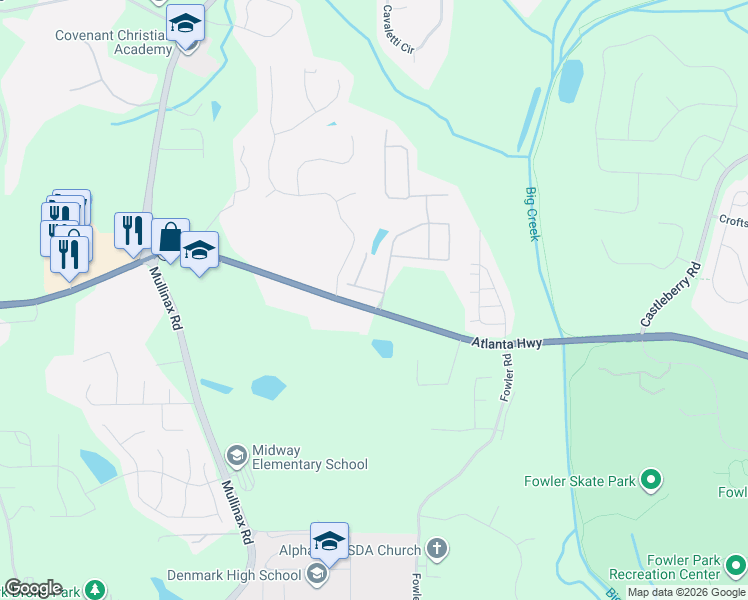 map of restaurants, bars, coffee shops, grocery stores, and more near 4620 Woodbine Way in Alpharetta