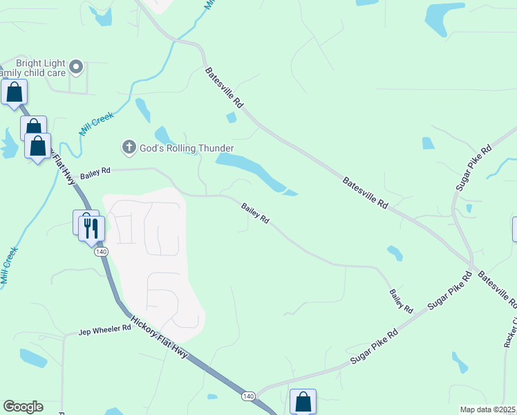 map of restaurants, bars, coffee shops, grocery stores, and more near 999 Bailey Road in Woodstock