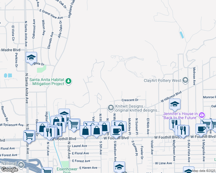 map of restaurants, bars, coffee shops, grocery stores, and more near 330 North Madison Avenue in Monrovia