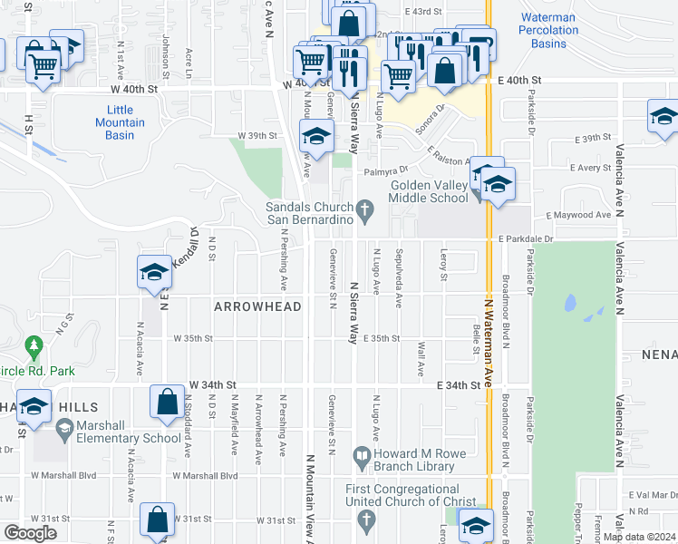 map of restaurants, bars, coffee shops, grocery stores, and more near 3645 Genevieve Street North in San Bernardino