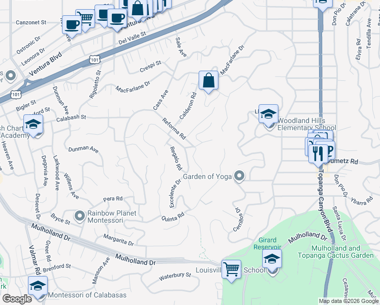 map of restaurants, bars, coffee shops, grocery stores, and more near 4850 Excelente Drive in Los Angeles