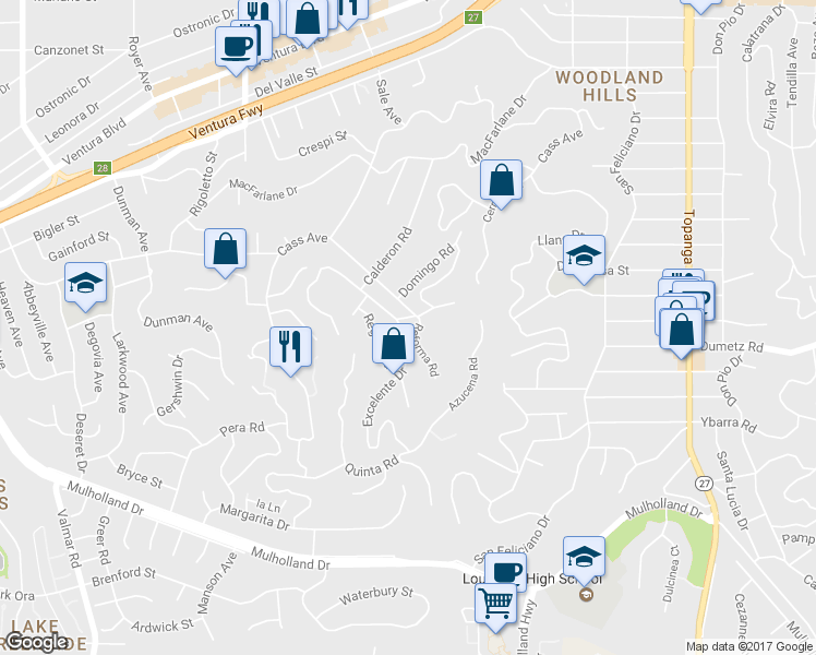 map of restaurants, bars, coffee shops, grocery stores, and more near 4850 Excelente Drive in Los Angeles
